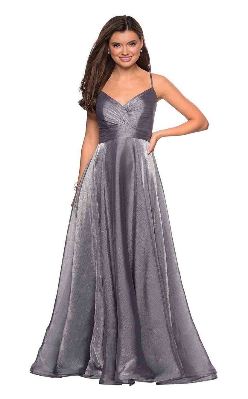 LaFemme Silver/Gray Evening Gown, full skirt, fitted top, spaghetti straps. A32